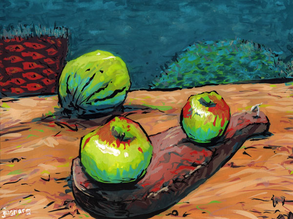 Two apples and one melon await their demise // 30 x 20 cm // gouache on paper // 2022 // 1917 views
