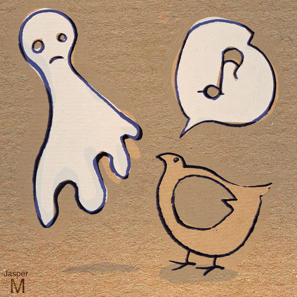 Fat bird chases ghost away // 1:1 // pen on brown paper plus digital scissors // 2022 // 1764 views