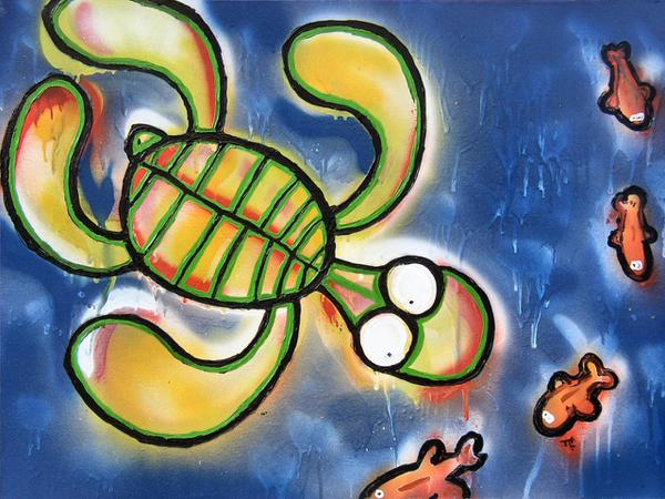 Sea turtle meets fish // 70 x 50 cm // graffiti and acryllic paint on panel // 2005 // 11405 views