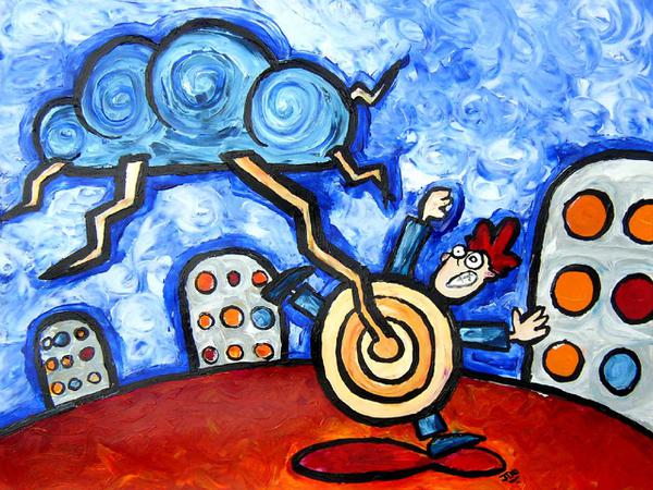 Lightning strikes in urban surroundings // 50 x 60 cm // acryllic paint on paper // 2004 // 12826 views
