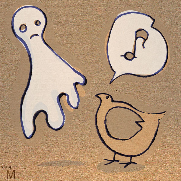Fat bird chases ghost away // 1:1 // pen on brown paper plus digital scissors // 2022 // 3148 views