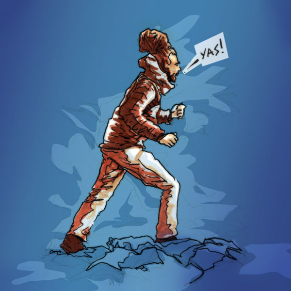 Happy hiker thrives on mountain trail // 10 x 10 cm // pen and markers plus photoshop // 2022 // 3207 views