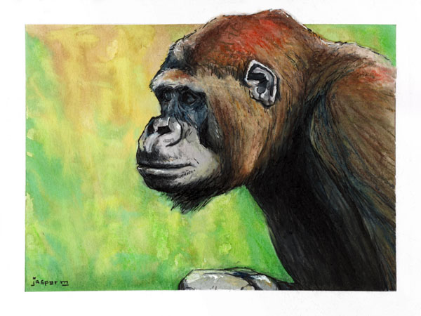 Poker face chimp // 30 x 20 cm // watercolor paint, ink, and crayons on paper // 2024 // 975 views