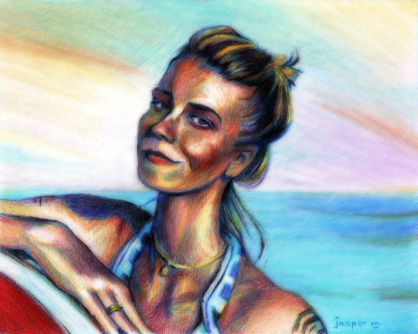 Surfer girl casually ignores scenic ocean sunset somewhere behind her // 25 x 20 cm // colored pencil on paper // 2024 // 1138 views